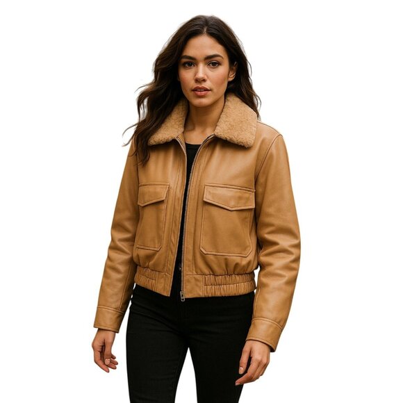 French Connection Size XL Vegan Leather Zipper Waistline  Jacket Sherpa Collar - Picture 4 of 12